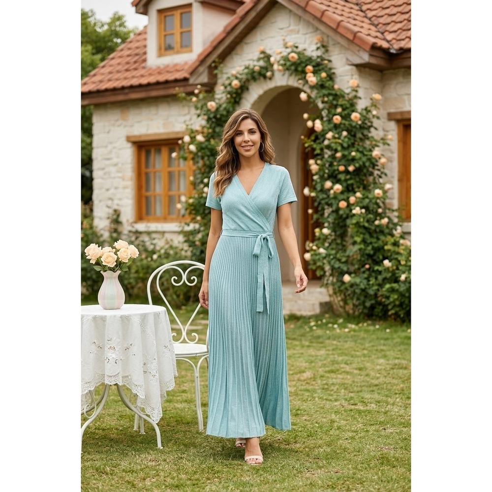 NWT Soft Surroundings Janelle Maxi Dress Sz S Aqua Blue Pleated Knit Romantic